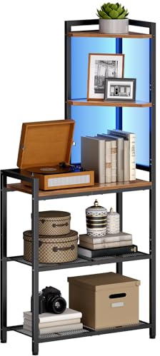 HOOBRO 5-Tier Corner Shelf Stand, Corner Shelf with LED Light, 56.3 Tall Corner Bookshelf, Display Rack Storage Organizer with Table, for Small Spaces, Living Room, Entryway, Rustic Brown BF69DCJ01