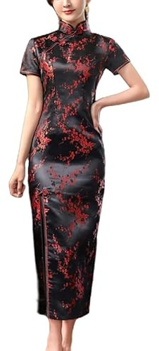 Cheongsam lång klänning för kvinnor, plommonblomma broderi, gotisk stil, för examensnatten, sidoöppning, elegant kinesisk Qipao-satinklänning för cocktail., Svart och röd, XXS