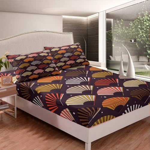 TACOKI Fan Small Double Fitted Sheet, Chinese Bed Sheets Deep Pocket 12 inch (30 cm) Soft Microfibre 3D Bed Sheet 120x190 cm with 2 Pillowcases for Kids and Aldults 1830v
