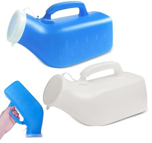 Urinal Bottle, 2Pack Male Portable Travel Pee Bottles, 1200ml Spill Proof Urinary Chamber, Thick Pee Bottle with Lid for Home Hospitals Emergency and Travel(Blue+White)