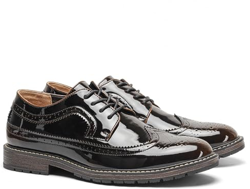 Harssidanzar Scarpe eleganti da uomo in pelle verniciata con classico motivo brogue,elastico e allacciatura Oxford formale KM310EU,Nero,Dimensione 45