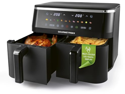 GOURMETmaxx Varmluftsfritös, dubbelkammare, 2 x 4,5 l, synkro luftfritös, med LED-pekskärm, färgikoner, varmluftsfritös med 2 kammare med 12 st