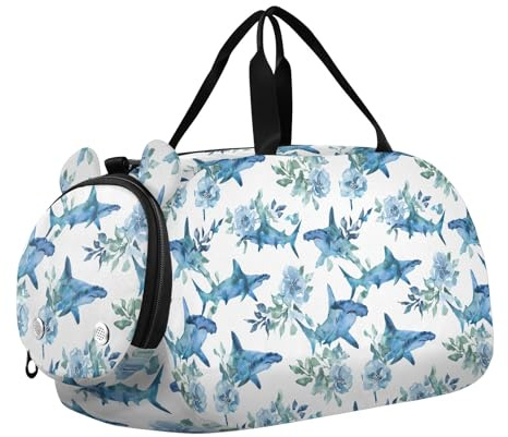 Borsone da viaggio per bambini, per la notte, weekender, borsa da palestra con scomparto per scarpe, sport, scuola, squali, motivo squali martello