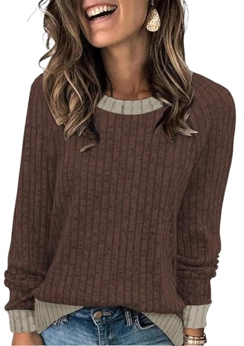 Cuptacc Jersey Mujer Elegante Bloques De Color Manga Larga Suéter Mujer Cuello Redondo Suave Top Otoño Invierno Cálido Sudaderas Marrón Oscuro XXL