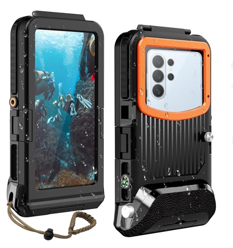 ShellBox Case 2026 IP68 Diving Phone Case, 50FT 1H Underwater Photography for Samsung Galaxy S26/S25/S24/S23 Ultra/Plus, Fit 5.4-6.9 Right Volume Button Phones, Air Vent Sensitive Touch,Black&Orange