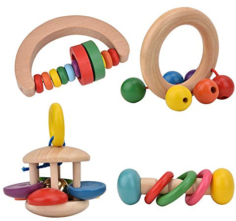Xiuganpo 4st Babyskaller Griper Leksak, Färgglada Tidig Musikaliska Pedagogiska Leksaker för Barnsäker Lek, Hållbart Trämaterial, Giftfri Design
