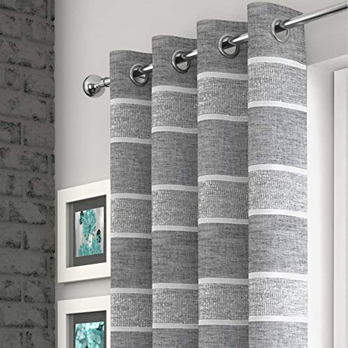Mirabel Brooklyn Striped Eyelet Ring Top Voile Curtain Panel - Silver Grey (55 Wide x 72 Drop)