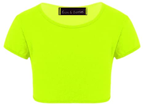 Barn, flickor, neon, fluorescerande, enkel, kortärmad, magtröja, t-shirt, topp, danskläder, gymnastik, maskeraddräkt, ålder 3–14 år, NEONGULT, 7-8 År