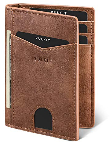 VULKIT Credit Card Holder RFID Blocking Slim Leather Wallet Anti Scan Bank Card Holder Quick Access with 10 Slots, Brown