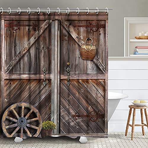 RosieLily Rustikaler Duschvorhang Scheunentür Duschvorhang Bauernhaus Duschvorhang Holz Landhaus Duschvorhang mit Haken, 182,9 cm B x 198,1 cm H Wald Western Braun Holz Rustikale Badezimmer Dekor