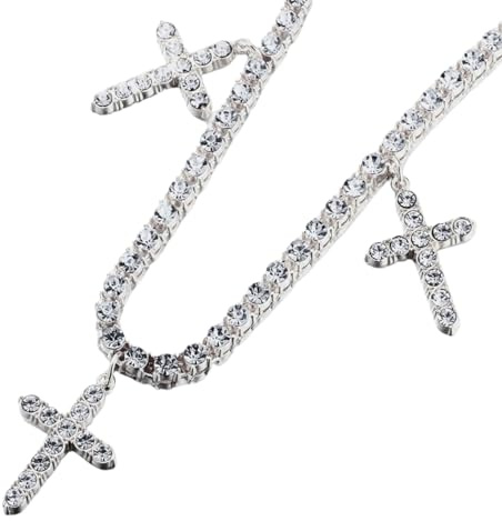 HALUKAKAH Catena da Tennis Placcato in Platino da 5 mm con 0,5ctw di Diamanti Incastonati a Mano per Uomini e Donne - Adornata con 3 Croci Religiose - Completa di Scatola Regalo