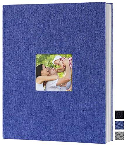 Benjia Album photo portrait A4 50 pages avec pochette en lin, album photo à insérer pour 50 photos A4 Bleu