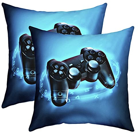Homewish Gaming Kopfkissenbezüge 50x50 Set of 2, Spiel for Kinder Jungen Mädchen, Video Game Gamer Kissenbezüge, Teens Gamepad Dekorative Akzent-Kissenbezüge for Zuhause, Blau Schwarz