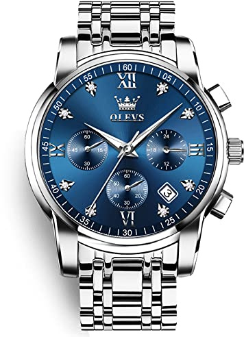 OLEVS Mens Watches Big Face Silver Stainless Steel Chronograph Watch Men Classic Blue Roman Numerals Dial Analog Quartz Men's Watch Luxury Diamond Luminous Waterproof with Date Watches for Men