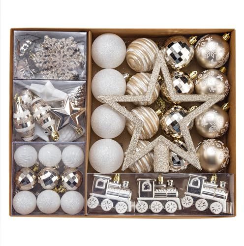 SVNVIOZ 55 Stück Weihnachtskugeln Set Champagner Weiß, Christbaumkugeln Kunststoff Deko Weihnachten, Weihnachtsbaumschmuck mit Aufhänger, Weihnachtsbaumkugeln für Weihnachtsdeko Innen Aussen