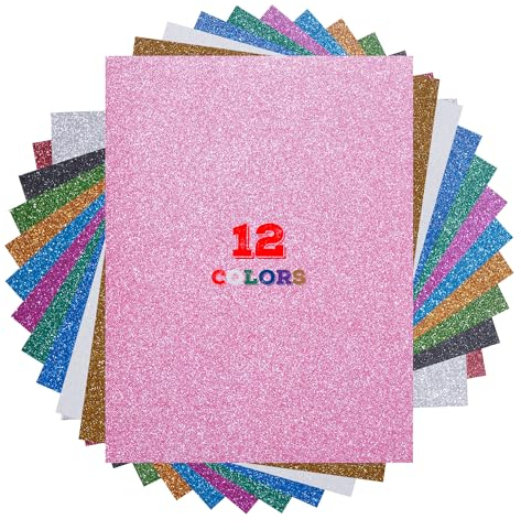 LUCKIGUCK 12 Farben Glitzer Plotterfolie Textil Heat Transfer Vinyl 30,5 x 25 cm Transferfolie Plotter Flexfolie für Textilien Transferfolie zum Aufbügeln DIY T-Shirt, Stoffe