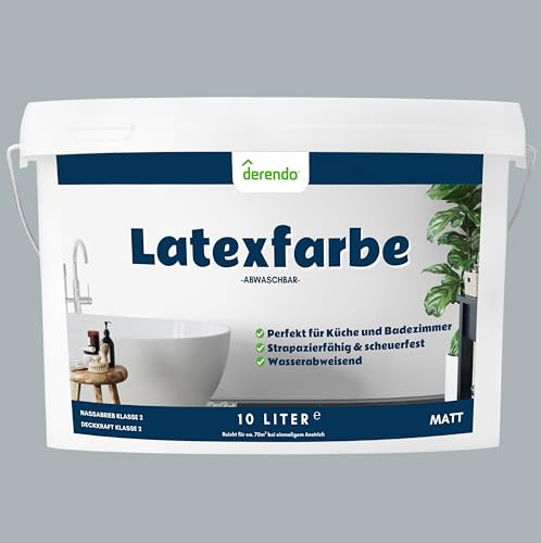derendo Latexfarbe grau betongrau matt abwaschbar 10 Liter für Innen Küche Badezimmer streichen graue Wandfarbe hohe Deckkraft 10L