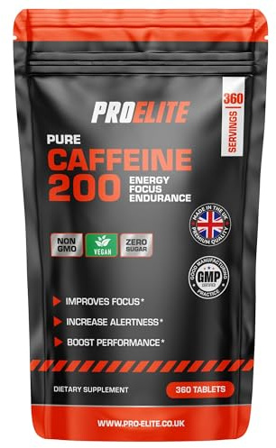 Caffeine 200mg 360 Vegan Tablets | Energy Boost & Exercise Support Pre Workout Weight Loss | Improve Focus & Alertness | Vegan UK Made | Better Than Caffeine Gels Gummies Capsules Pills PROELITE