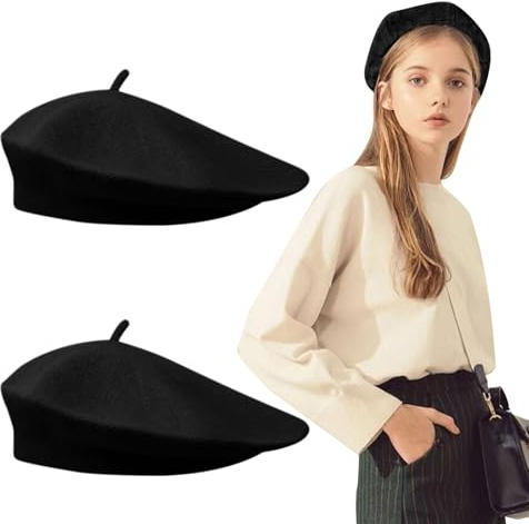 FUIPVGI 2 Stück Barett Baskenmütze Damen, Klassisch Plain Französischer Stil Barett, Franzosenmütze Moderne Künstler Maler Hut, Wintermütze Barett Baskenmütze Barett Damen Einheitsgröße (Schwarz)