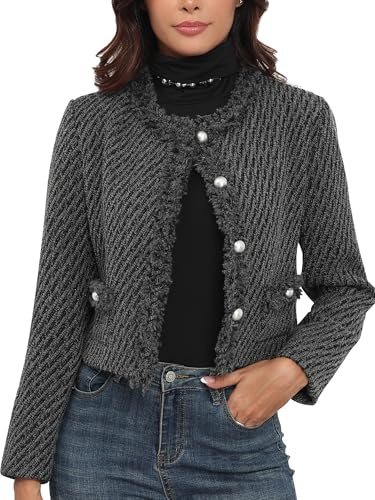 M.Infisavo Tweed Blazer Jackets for Women Fall Winter Long Sleeve Elegant Work Business Casual Cropped Jacket Gray M