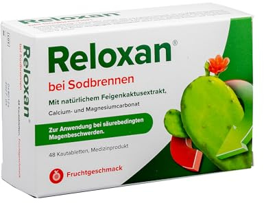 Reloxan bei Sodbrennen mit natürlichem Feigenkaktusextrakt, neutralisiert schnell überschüssige Magensäure, pflanzlicher Schutzfilm für die Speiseröhre, mit Fruchtgeschmack, 48 Kautabletten
