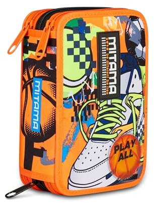 Mitama Mita Play Trousse d'écolier à 3 Compartiments, Super Triple, Contenu 47 pièces, complète avec Crayons, feutres, Pot à Crayons pour l'école Primaire pour Enfants, Orange, Moderne, Orange
