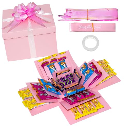 Explosion Gift Box, 5 Layer Explosion Box, Surprise Boxes with Tape and Bow Ribbon, Scrapbooking Boxes, Creative Surprise Container‌ for Anniversary Festival Record Memories (Pink)