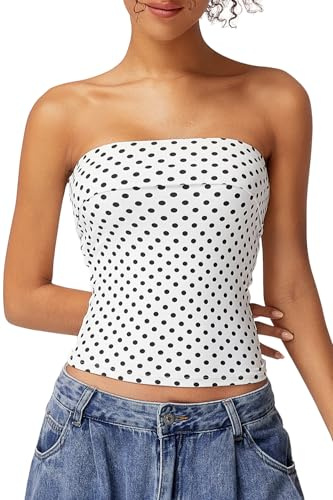 QINSEN Summer Women's Tube Top Strapless Going Out Foldover Double Lined Y2K Basic Tank Tops White Polka Dots M