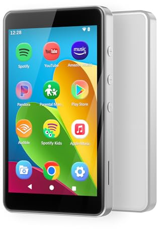 MP3 Player with Spotify for Kids, Android 14 Based MP4 Player with App Store, Parental Controls, Amazon Music, Libby, Audible, 4.0 Music Player, Earphone and Memory Card Included (Silver)