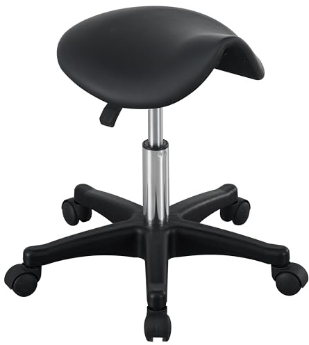 LSLIFE Saddle Rolling Stool Adjustable Stool PU Leather Rolling Office Chair Ergonomic Saddle Chair with Wheels Salon Chair, for Massage,Office Home Kitchen,Beauty and Tattoo (BLACK)