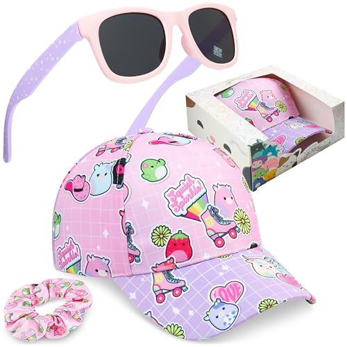 Get Trend Barbie | Hello Kitty | Kuromi | Squishmallows | Cinnamoroll Gorra Niña con Gafas de Sol UV400 y Goma Pelo Set, Accesorios Niña de Verano