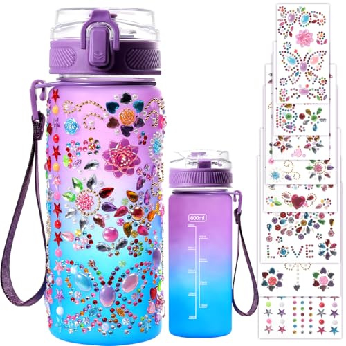 Gåvor till flickor 8-9 10 11 12 år, 600 ml gör-det-själv drickflaska julklappar för flickor klistermärken självdesign glitter ädelsten födelsedag pyssel, present till skoldagen