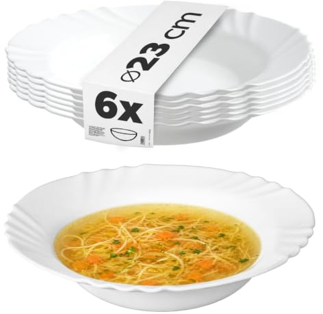 KADAX Djupa tallrikar Ø 23 cm, set om 6, minimalistiska sopptallrikar av härdat glas, tallrikssats, pastatallrikar, djupa tallrikar, pastaskålar, mattallrikar (vit)