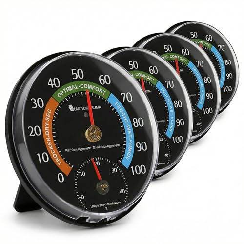 Lantelme 4 Stück Kombi Hygrometer und Thermometer Set | Analog für Innenräume | Luftfeuchtigkeits- und Temperaturmesser für Zimmer Landwirtschaft Gewächshaus | Unterstützt ein gesundes Raumklima