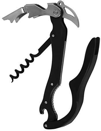 Grunwerg Cuchillo de camarero 4 en 1 de acero inoxidable en color negro con sacacorchos, abrebotellas, cascanueces y cortador de papel de aluminio