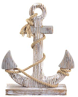 Cepewa - Ancora decorativa vintage bianca con effetto rugiada in legno marittimo, 26 x 40 cm