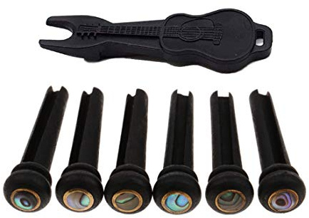 Alnicov 6 pines para puente de guitarra, color ébano, para guitarra acústica, clavijas ranuradas de madera con punto abulón y extractor de pines de puente