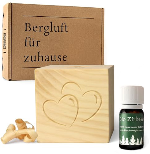 Zirben-Würfel Duft-Set | Zirbenholz-Würfel mit Motiv und Tropfstruktur + BIO Zirben-Öl (10 ml) | Duftspender aus Holz | (Herz)