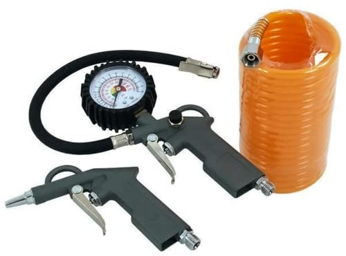 Dapetz ® Air Compressor Recoil Hose Line Pump Accessory Tool Kit 3 Pieces 220PSI Set Air Duster Gun, Tyre Inflator with Pressure Gauge and 4.5 Metre Coiled Hose