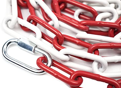 Azatemgo Cadena de cierre de metal rojo y blanco, 2 metros, eslabones de acero, diámetro de 5 mm, cadena de acero redonda, cadena de advertencia para obras de construcción, con 2 mosquetones de metal