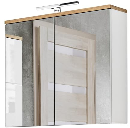 Lomadox Armadio a specchio con illuminazione a LED in bianco con rovere Wotan imitazione, L/A/P ca. 80/70/20 cm