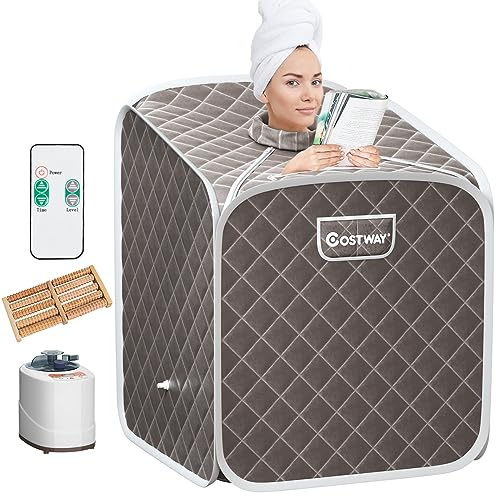 COSTWAY 2L Miniångbastu, hemmabastu, värmekabin med atomiseringsfunktion, timer och 9 temperaturnivåer, sittbastu inkl. fjärrkontroll, stol och bastukabin, 85 x 84 x 106 cm (grå)