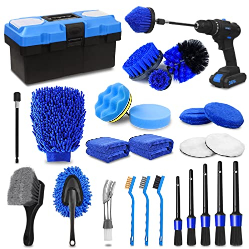 27Pcs Lot de Brosse Nettoyage Voiture,Brosse Jante Voiture Pinceau Detailing Auto,kit de détail de voiture,Kit de Brosse Nettoyage Voiture Interieur Exterieur,Brosse Nettoyage Perceuse Électrique