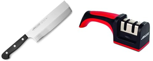 Arcos Serie Universal - Cuchillo Usuba Cuchillo Asiático, Hoja de Acero Inoxidable NITRUM 175 mm& Afilador Profesional con Mango Ergonómico de Uso Manual para Afilar y Pulir Cuchillos. Rojo y Negro