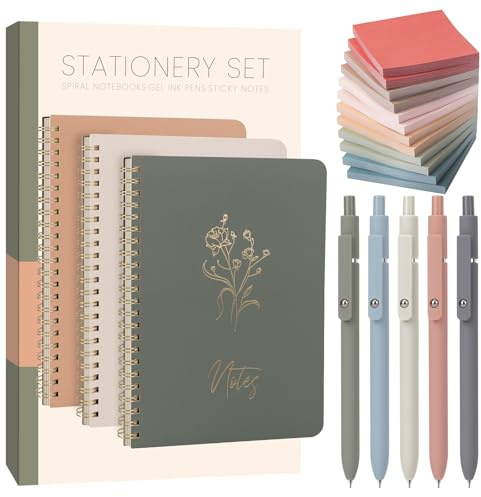ALKALO Cute Spiral Notebook Set For Women, Bible Journal Set, 3 Pack A5 Spiral Notebook + 5 PCS Gel Pens + 600 Sticky Notes + Gift Box, Aesthetic Gift Set for Work Students School Office Supplies
