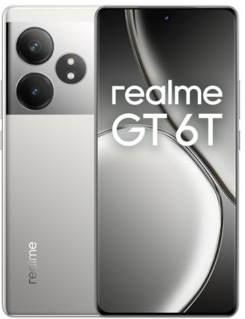 realme GT 6T 5G Smartphone 8+256 GB, Snapdragon 7+ de 3.ª, Pantalla de 6000 nits de 120Hz, Carga SUPERVOOC de 120 W, Gran batería de 5500 mAh, Cámara Sony de 50 MP con OIS, Fluid Silver(no Adapter)