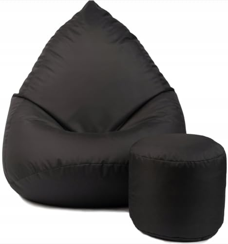 Pouf Poltrona Sacco con Poggiapiedi Nero 112x82x82 cm - Pouf Sacco XXL da Esterno Impermeabile - Pratico e Facile da Trasportare - Bean Bag per Adulti e Bambini - Fodera Lavabile