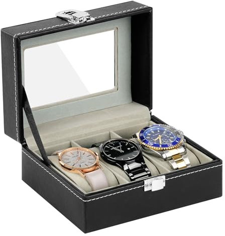 OFFCUP Watch Box with 3 Slots, Watches Case with Glass Lid, PU Leather Display Storage Box with Removable Watch Pillows, Gift Idea for Jewellery Bracelets Bangles Storage (Black)