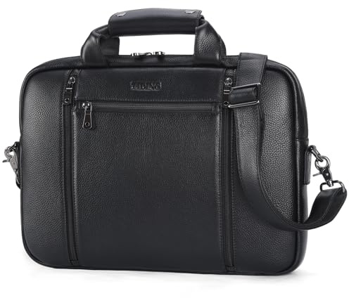 TIDING Leather Briefcase for Men 15.6 Laptop Bags Business Satchel Waterproof Computer Handbag with Shoulder Strap for Office Work, Black