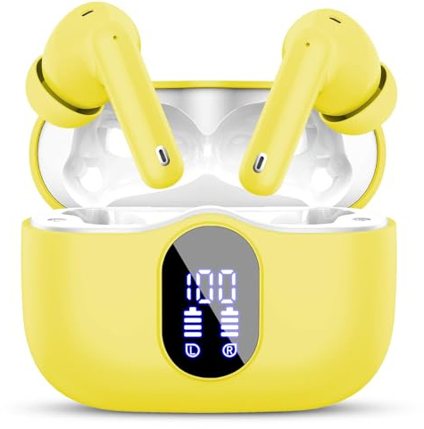 Btootos Wireless Earbuds, Bluetooth 5.4 Headphones In Ear with 4 ENC Noise Cancelling Mic, New Bluetooth Earbuds Mini Deep Bass Stereo Sound, 36H Playtime LED Display Wireless Earphones Yellow